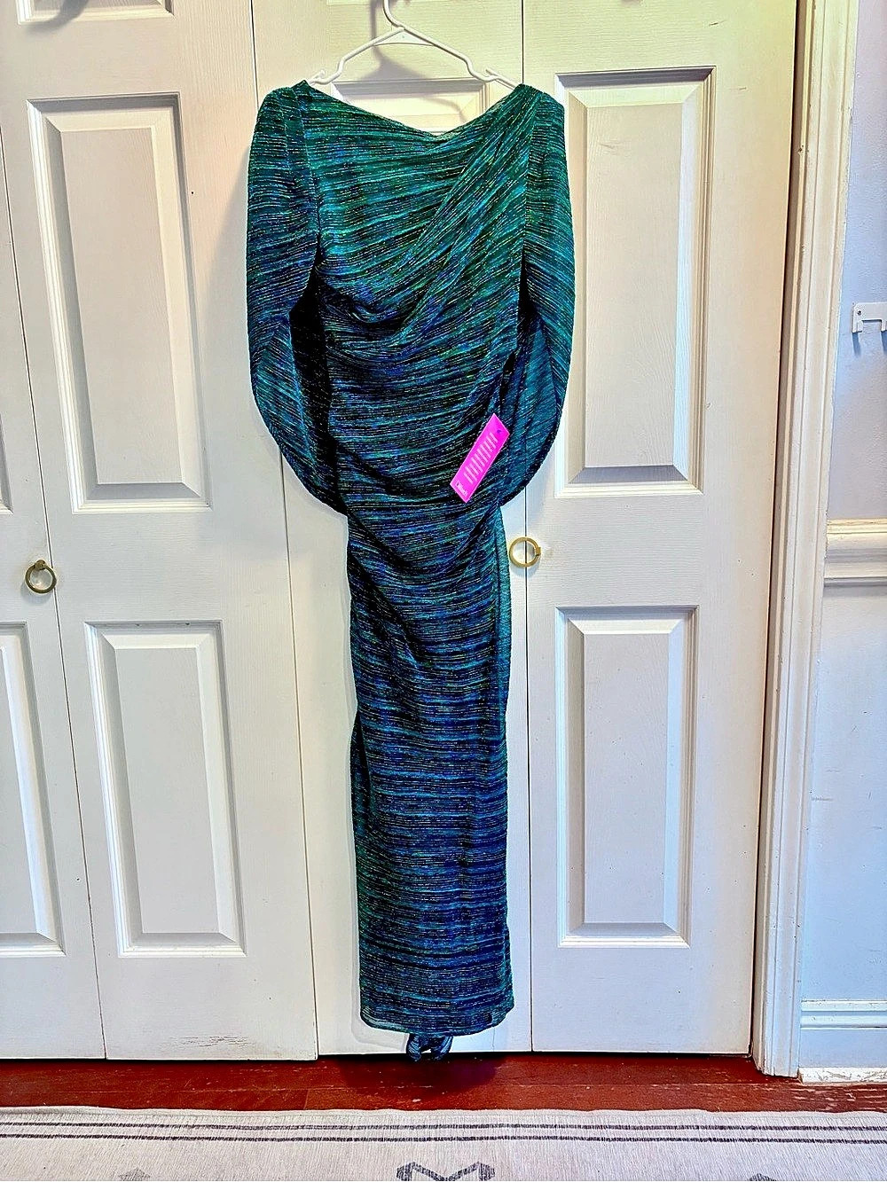 Betsy & Adam Draped Maxi Dress in Blue & Green Size 6P NWT